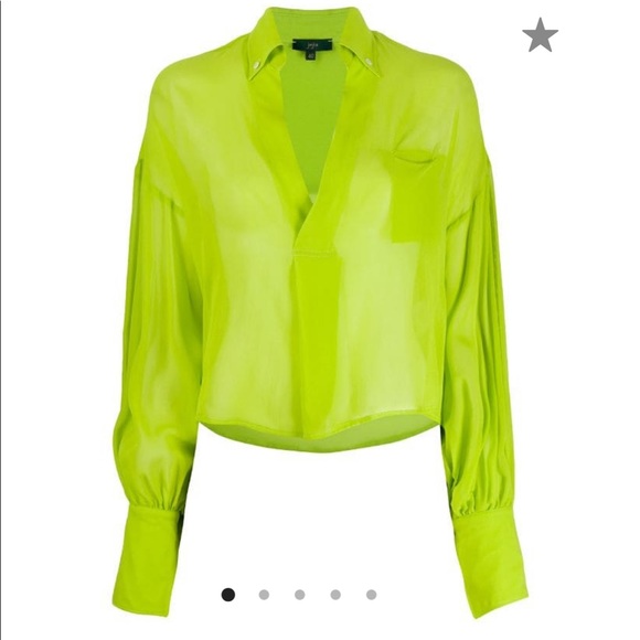 Jejia sheer cropped silk shirt, v-neck green. - Picture 1 of 6